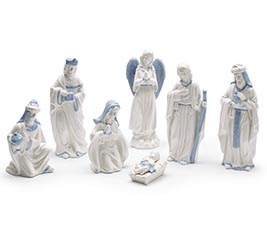 WHITE/BLUE 7 PIECE CERAMIC NATIVITY SET